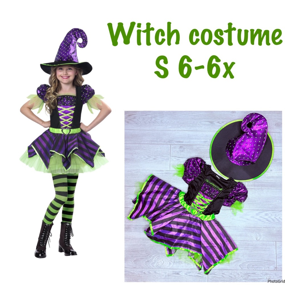 Witch Halloween costume with hat and dress holographic purple and green sm 6-6x